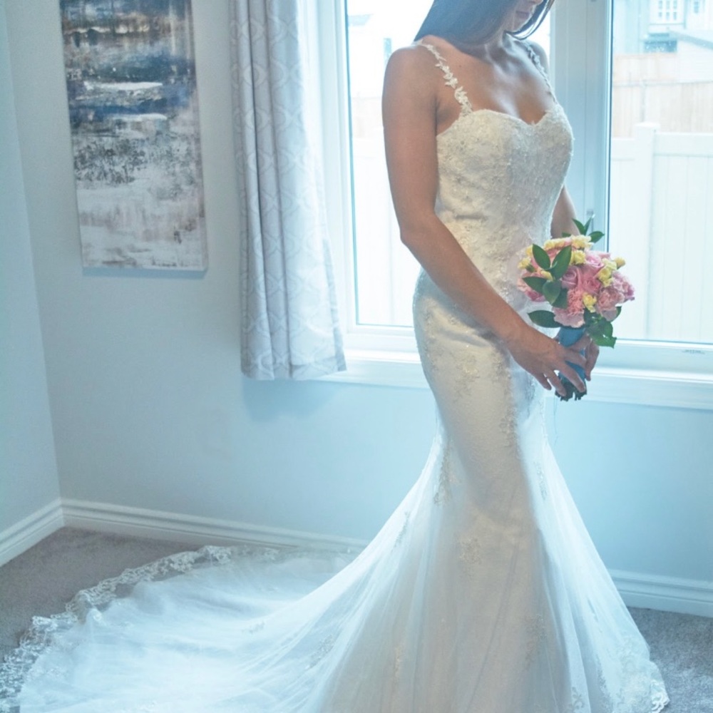 Appliqué strap beaded lace gown